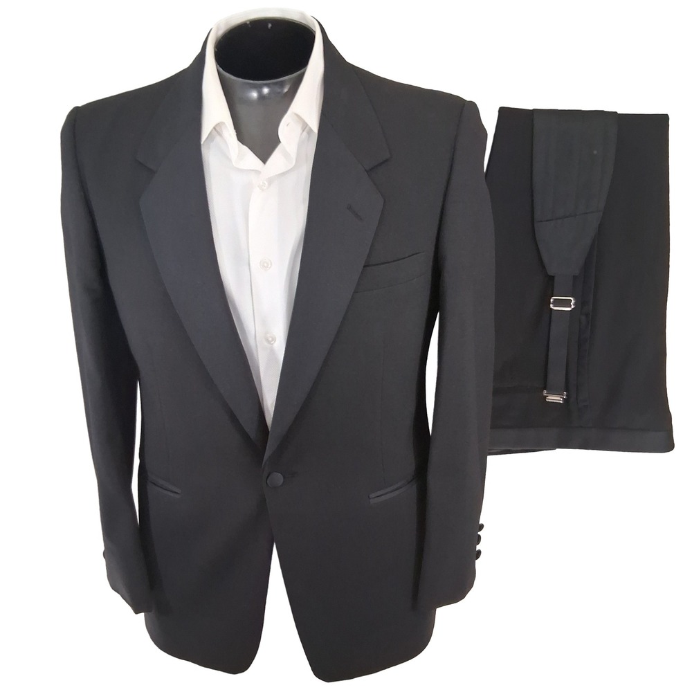 After Six Tuxedo Suit 40R 33x28 Black Peak Lapel One Button Cummerbund Pants
